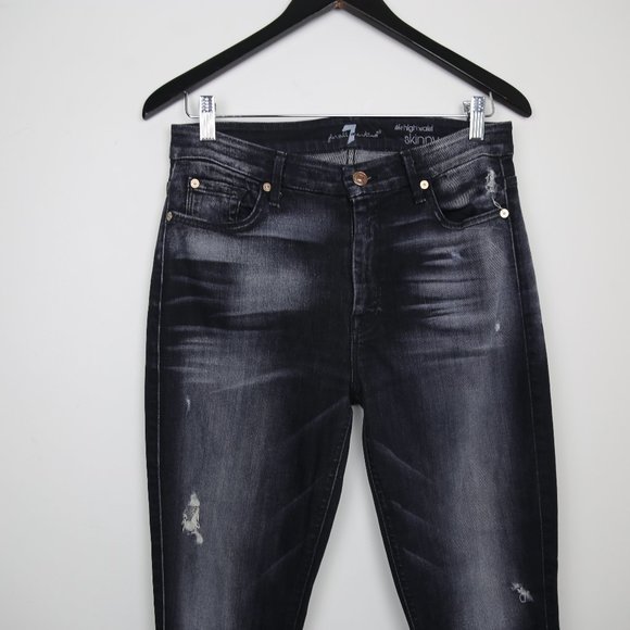 7 For All Mankind The High Waist Skinny Semi Distressed Denim Jeans - Picture 2 of 8